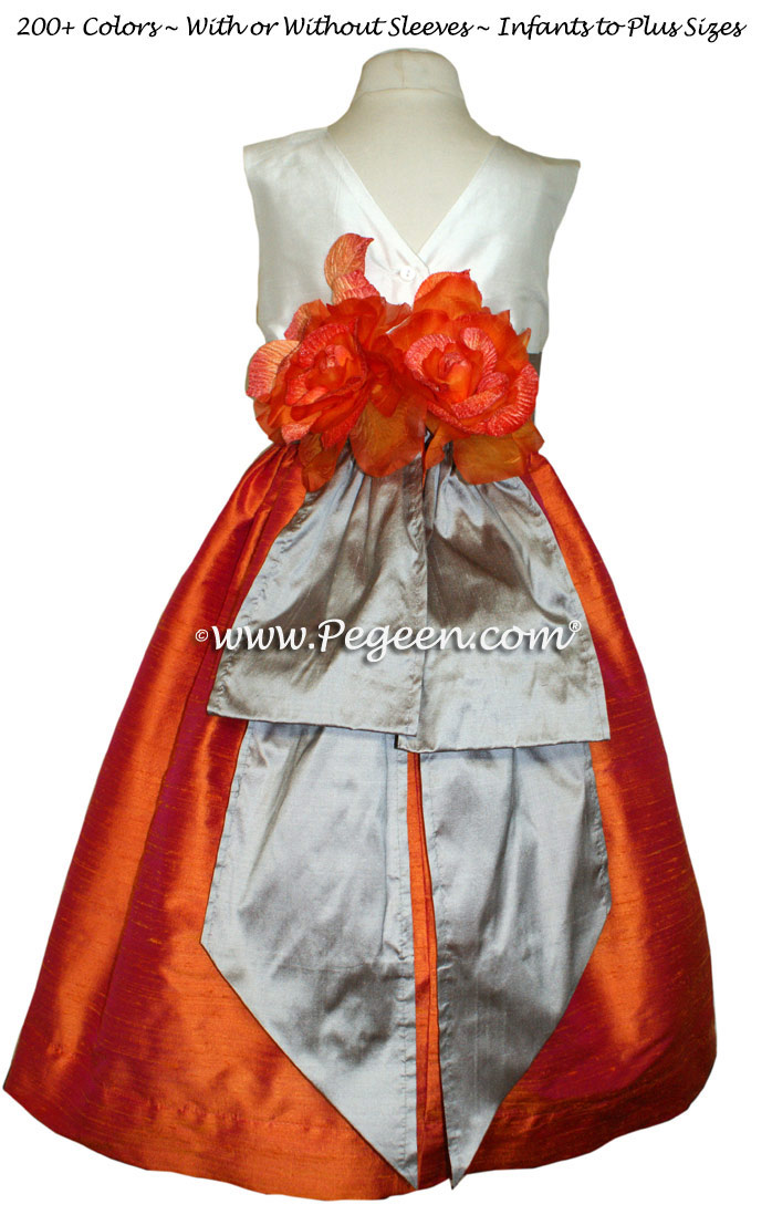 Mango Orange, Wolf Grey and New Ivory Silk flower girl dresses Style 383