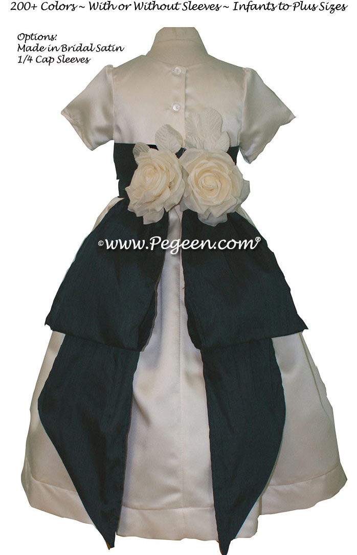 Custom Ivory Satin and Navy flower girl dresses Style 383