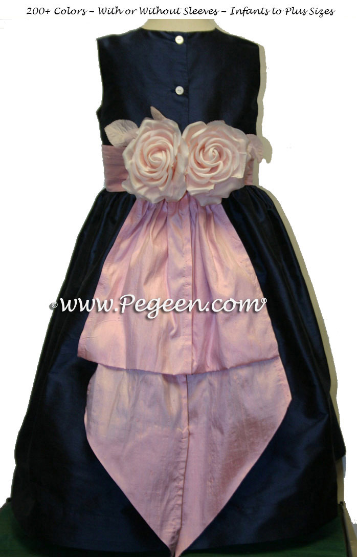 Navy Blue and Pink Flower Girl Dresses with back flowers Classic Style 383
