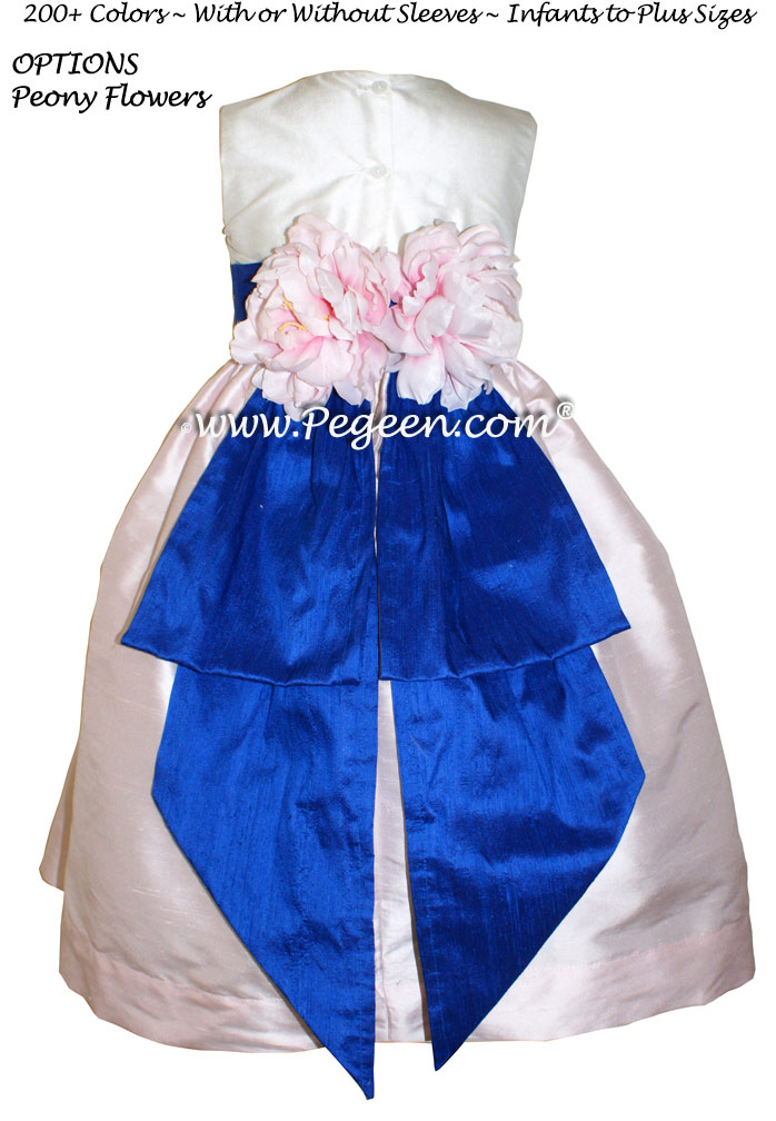 Ivory and Peony Pink and Sapphire Blue Flower Girl dress style 383 by Pegeen
