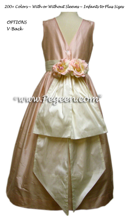Petal pink and ivory silk jr bridesmaids dress with v-back