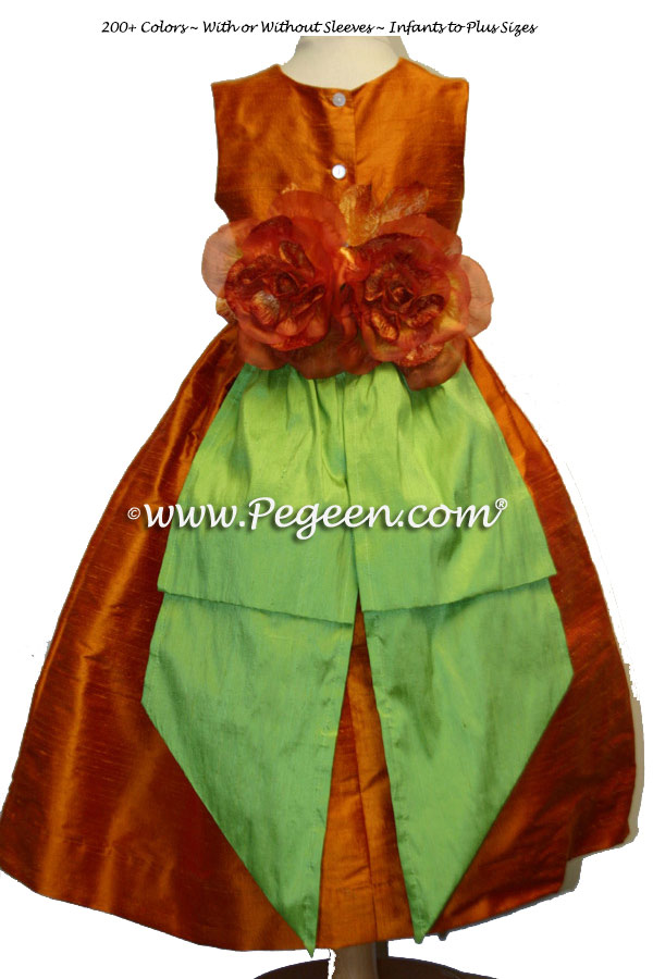 Pumpkin orange and apple green flower girl dresses with Orange Flowers Style 383