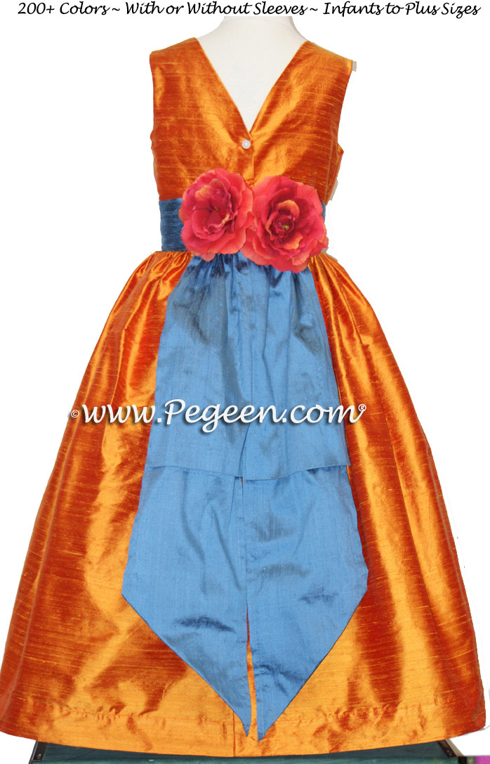 Pumpkin and Arial Blue Silk Flower Girl Dresses with Back Flowers Style 383