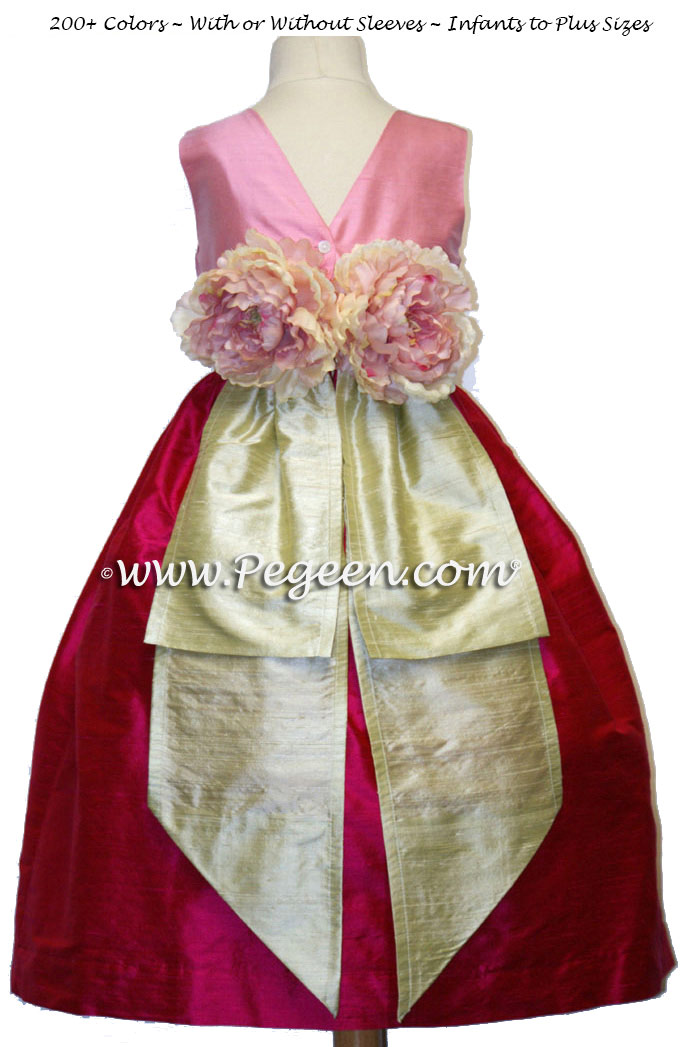 Raspberry Pink skirt, bubblegum top and spring green sash silk flower girl dress Style 383