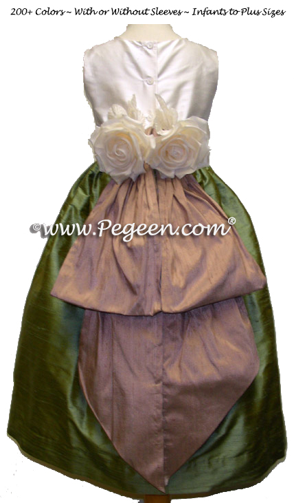 Sage and Taupe flower girl dresses with bustle and flowers