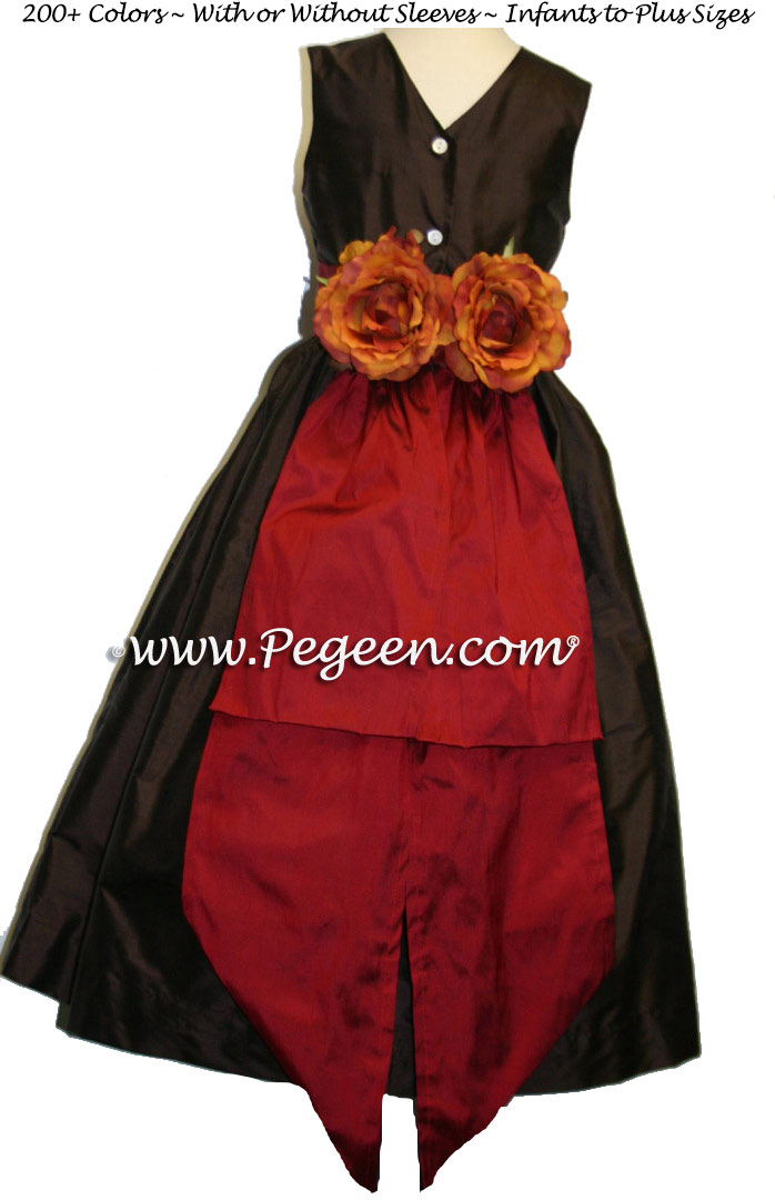 Semi-sweet brown and Mountain Fall orange flower girl dresses Style 383
