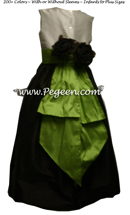 chocolate brown and apple green CUSTOM FLOWER GIRL DRESSES With Chocolate Roses