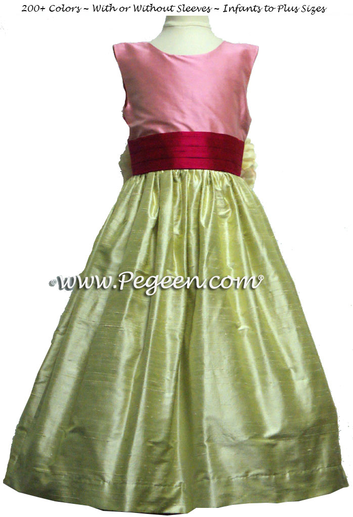 Summer Green, Bubble Gum and Raspberry Pink Silk Flower Girl Dresses with back flowers