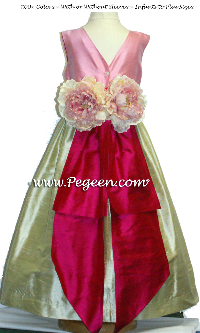 Summer Green, Bubble Gum and Raspberry Pink Silk Flower Girl Dresses with back flowers