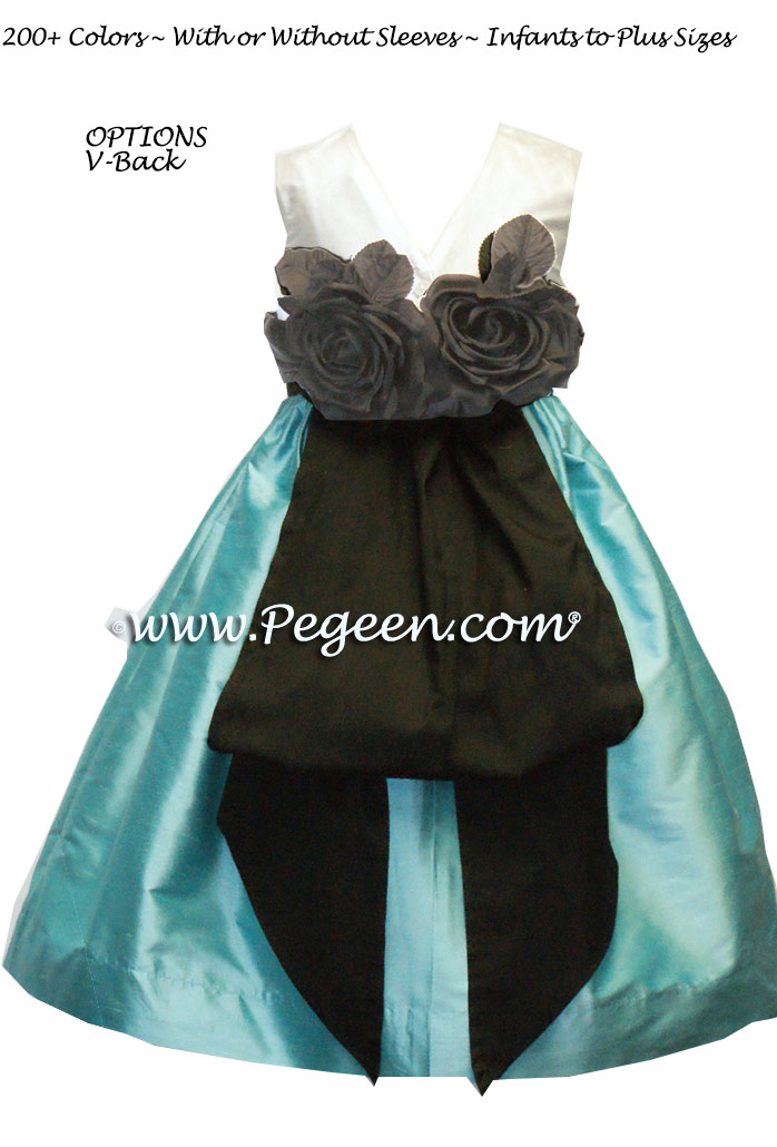 Tiffany Blue and Black silk custom flower girl dress with black handmade back roses