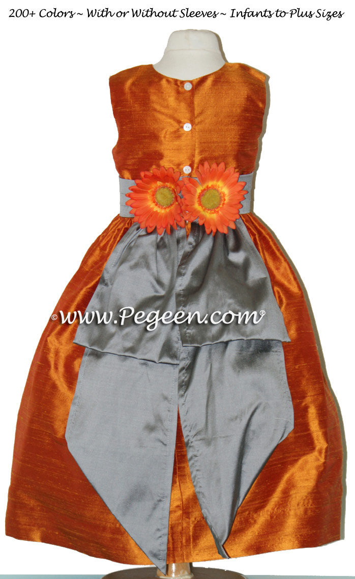Pumpkin and Wolf Gray silk Flower Girl Dresses with back flowers Style 383