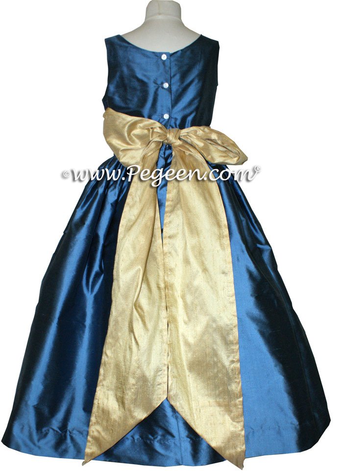 Spun gold and storm blue Jr Bridesmaid dress style 388