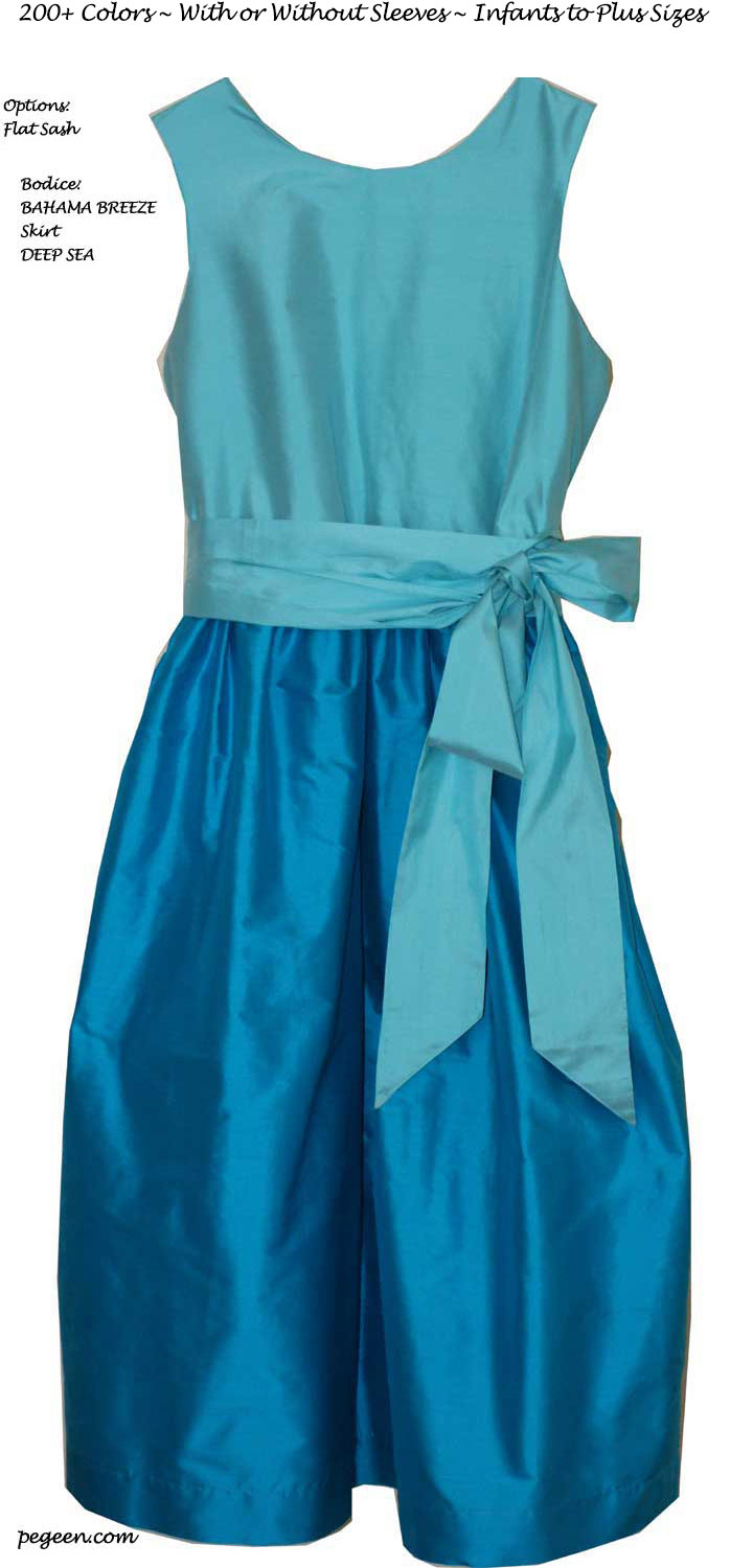 Custom flower girl dresses in Deep sea and bahama breeze (turquoise blue)