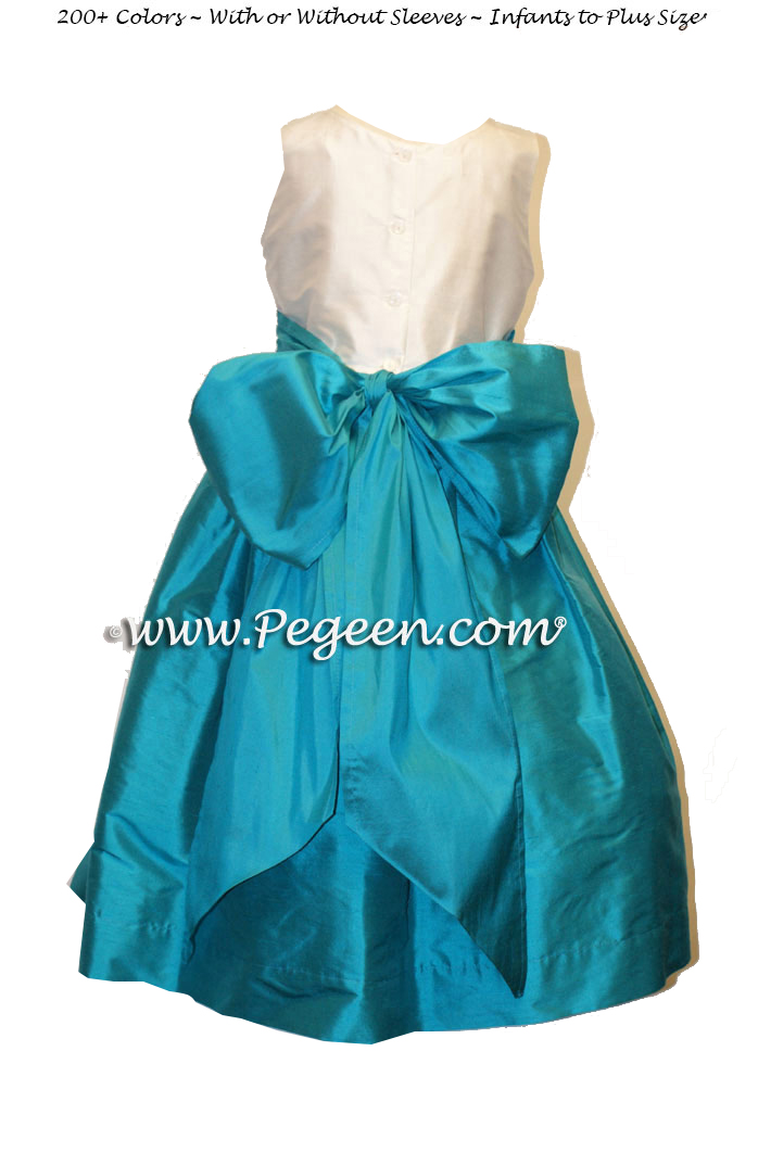 Custom flower girl dresses in Deep sea and bahama breeze (turquoise blue)