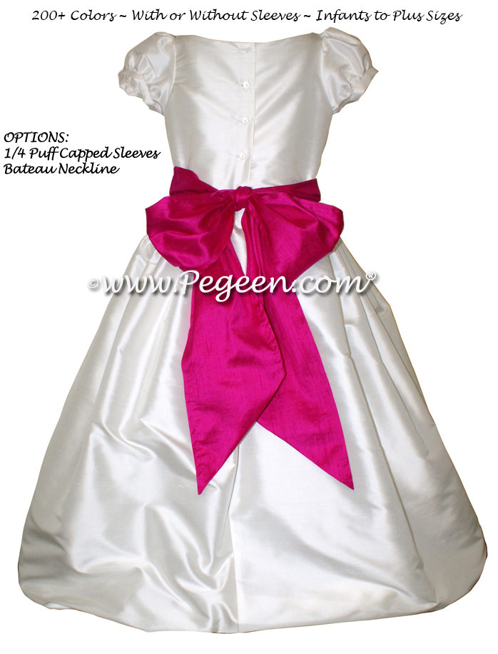 Antique White and Raspberry Pink custom silk flower girl dresses