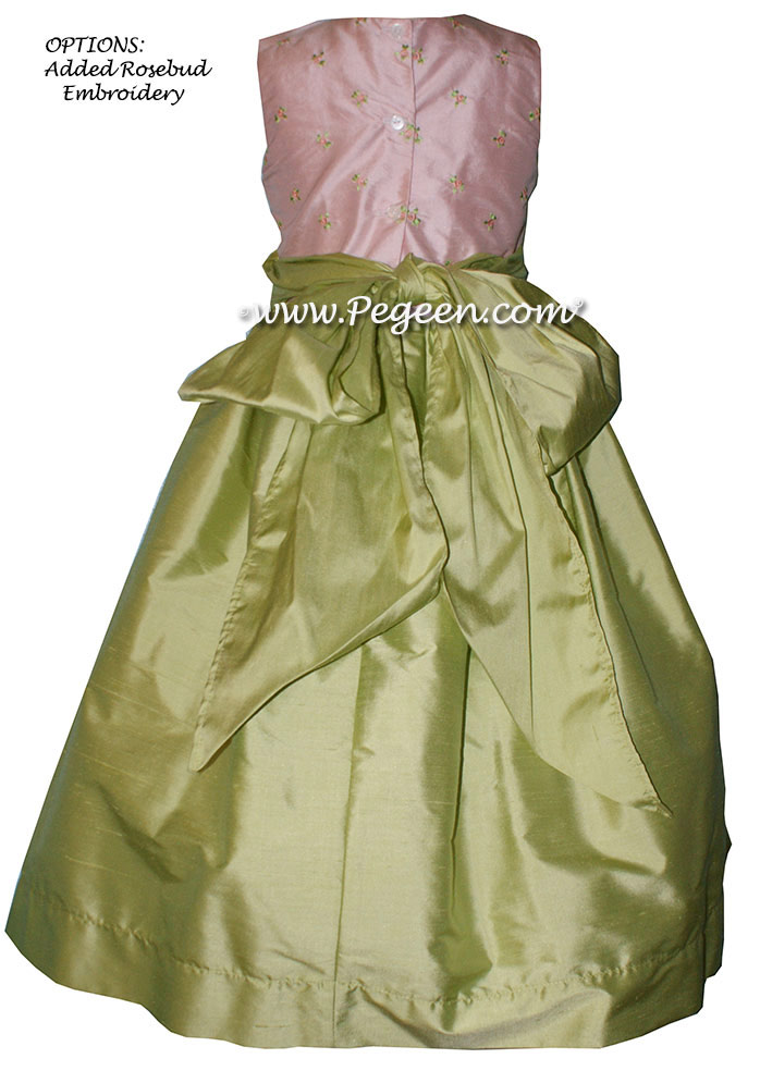 Pink embroidery with sprite green flower girl dress with layers of tulle