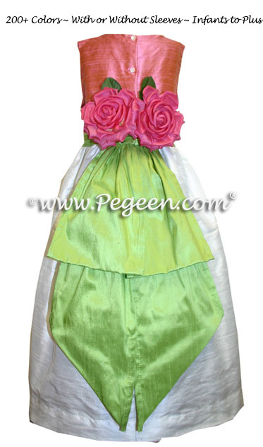Silk in Apple green and watermelon pink Flower Girl Dresses by Pegeen