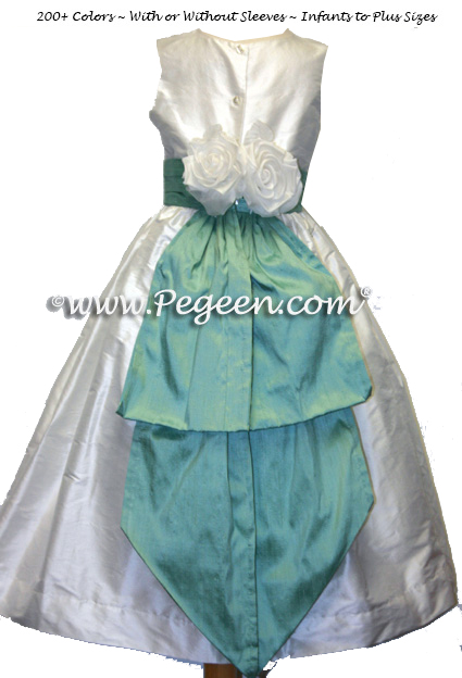 Tiffany or aqua and white silk FLOWER GIRL DRESSES With White Flowers and Bustle