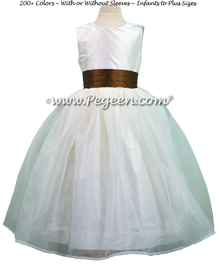 New Ivory and oak Brown silk flower girl dress