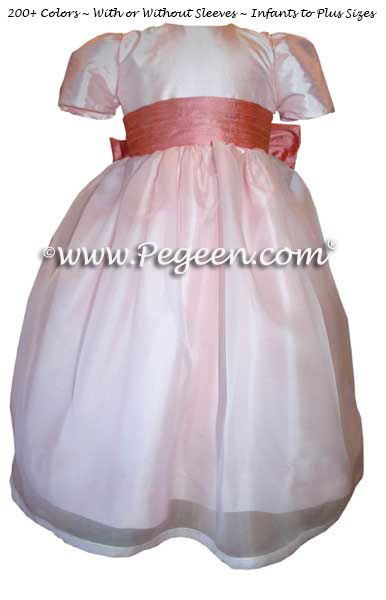 Peony pink and Gumdrop (coral) silk flower girl dress