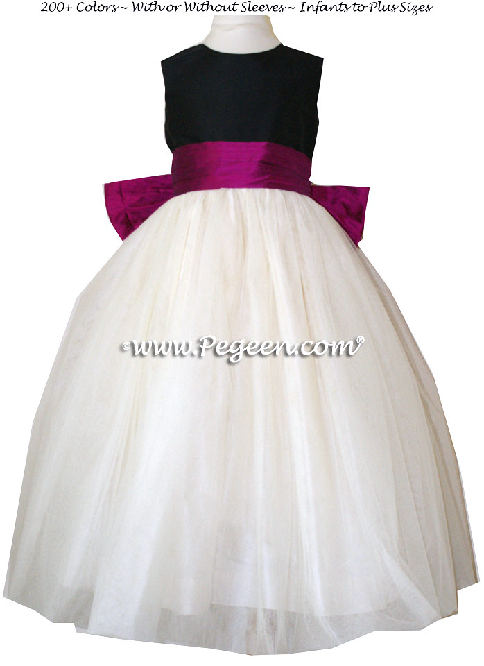 Flamingo, Ivory and Black tulle flower girl dresses style 402