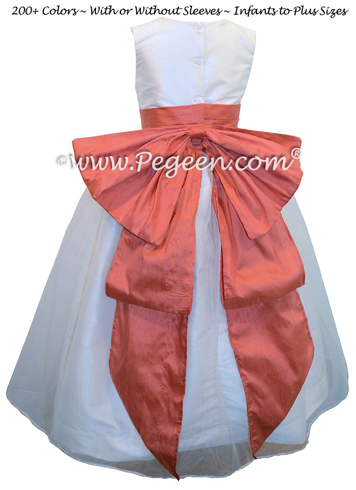 Melon and Antique White Organza Flower Girl Dresses