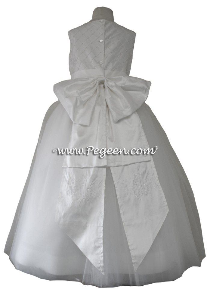 Cinderella Bow in Antique White and Monogrammed Sash Communion Dress with Tulle