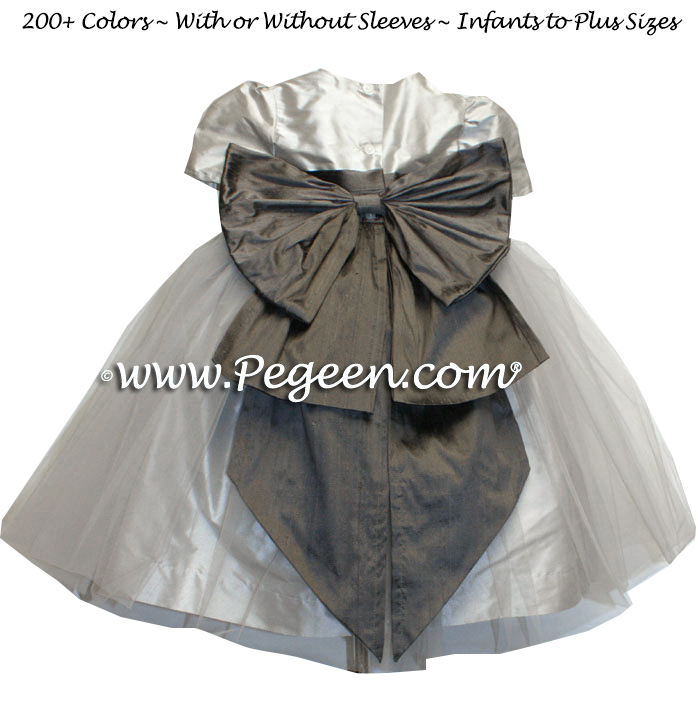 Medium Gray and platinum silk custom flower girl dresses with gray tulle