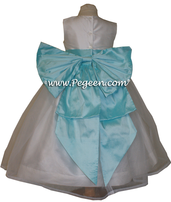 Pond Blue and Antique White Silk custom Flower Girl Dresses style 394