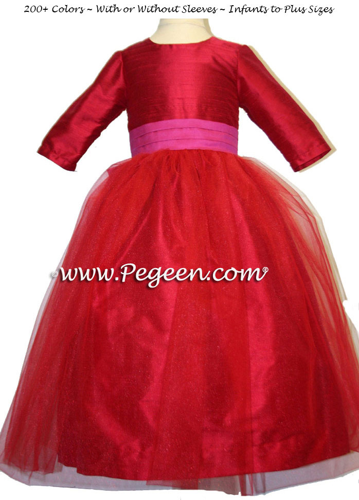 Red Poppy Tulle and Magenta Silk Flower Girl Dresses Style 356