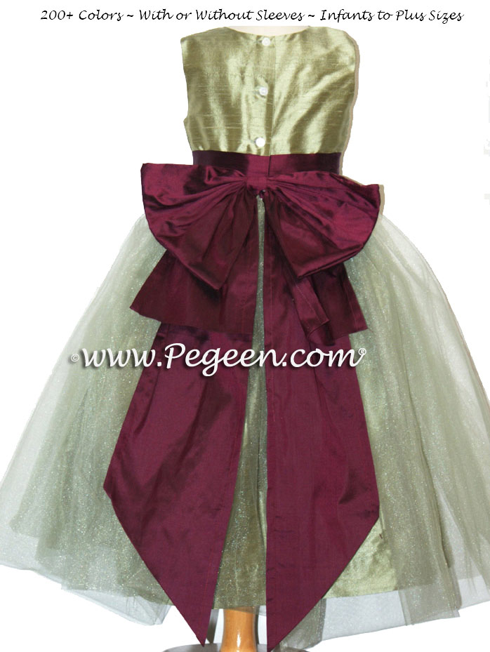 Sage Green and Eggplant Silk custom Flower Girl Dresses style 394