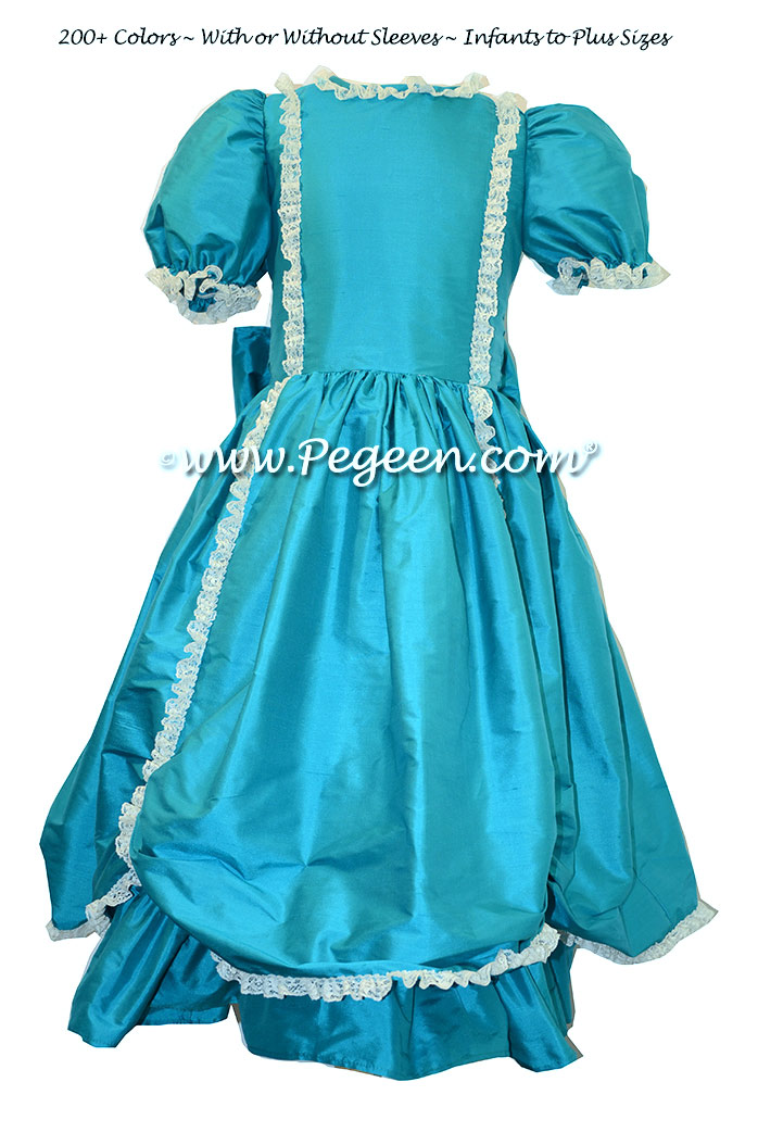 Oceanic turquoise silk Victorian style custom flower girl dresses