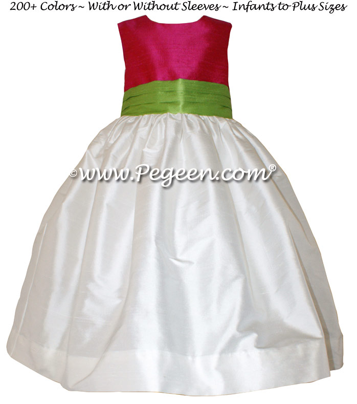 Cerise (Hot Pink) Antique White and Apple Green FLOWER GIRL DRESSES with bustle and flowers