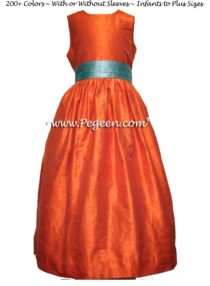 Orange and adriatic silk FLOWER GIRL DRESSES by Pegeen