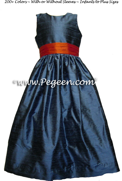 arial blue and tangerine silk FLOWER GIRL DRESSES