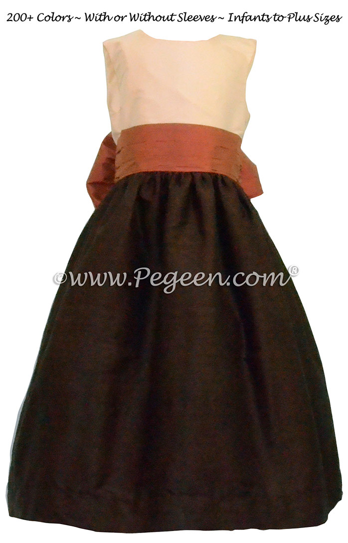Custom Flower Girl Dress in Chocolate, Autumn and New ivory Silk | Pegeen