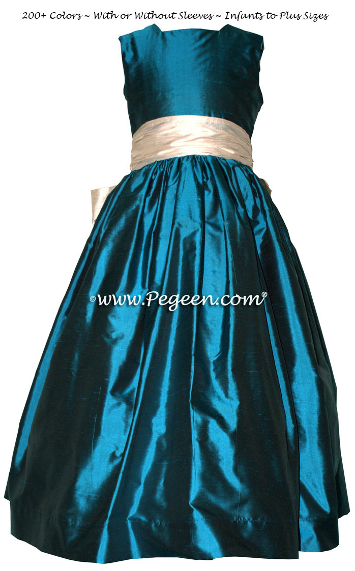BALTIC SEA (DARK TEAL) and BISQUE (CREME) silk flower girl dresses