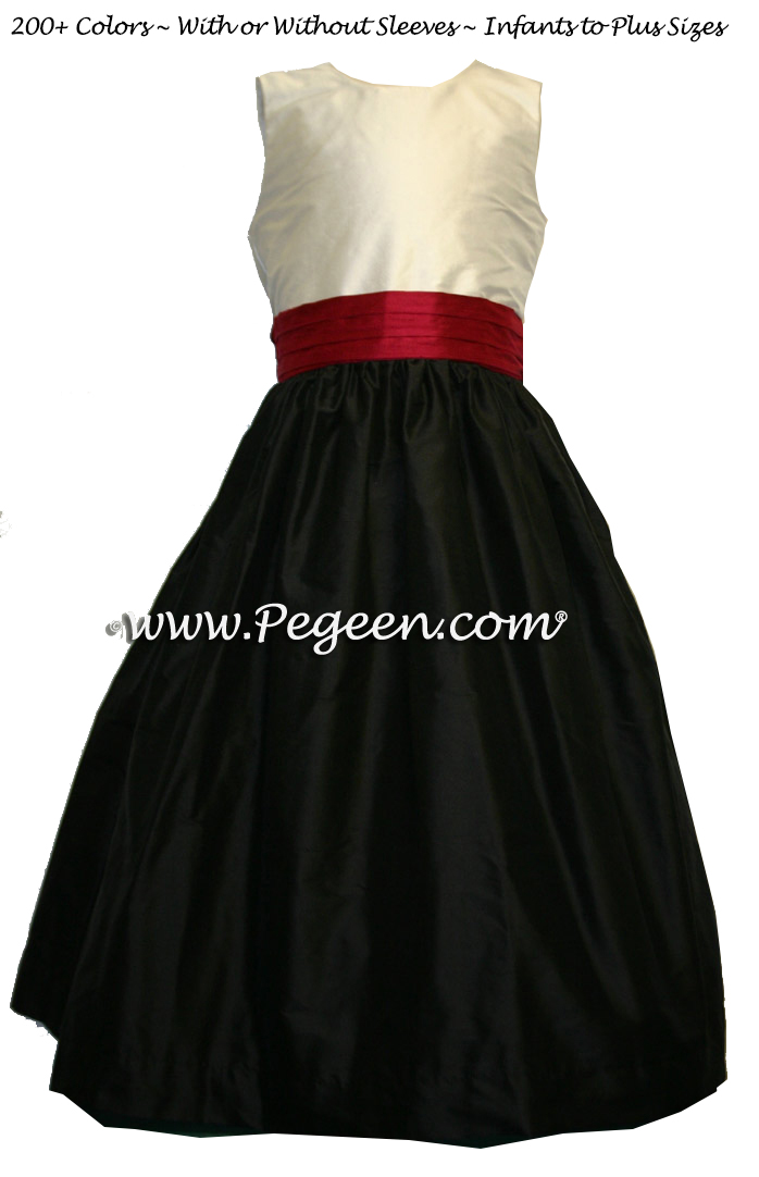 Black and cranberry sash flower girl dresses