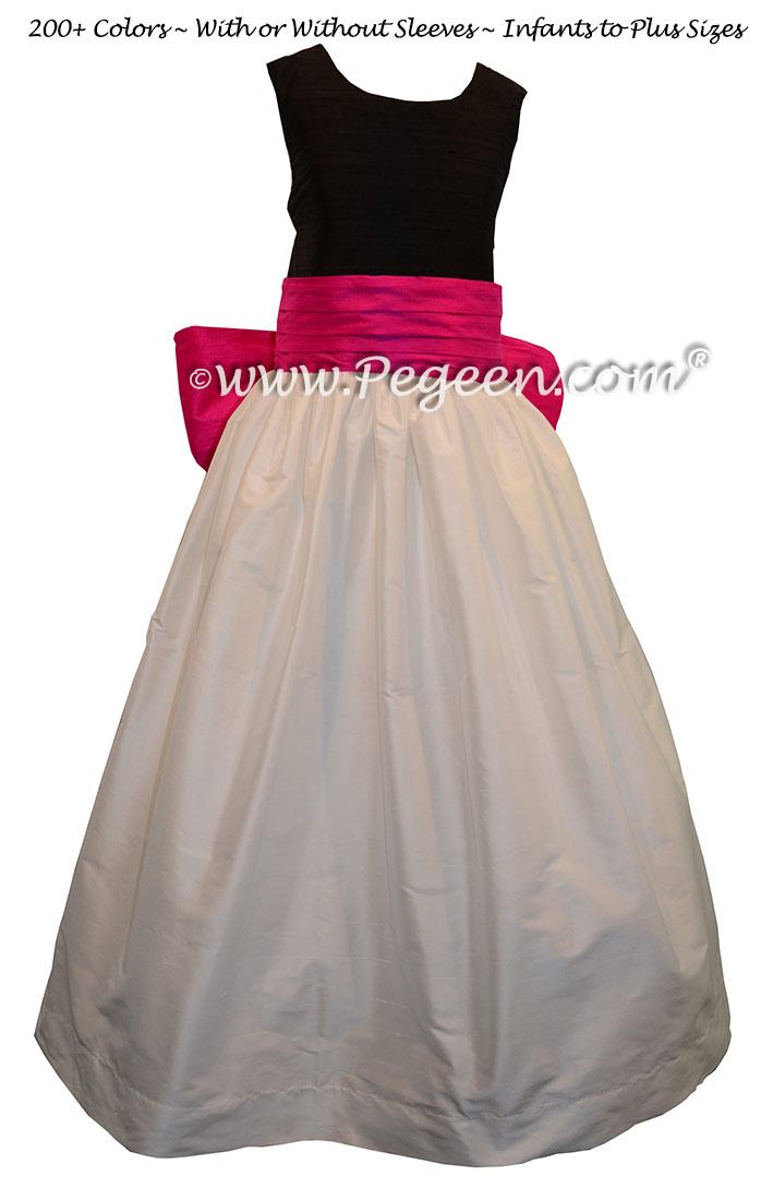 Antique White, Black and Luscious Pink silk flower girl dresses