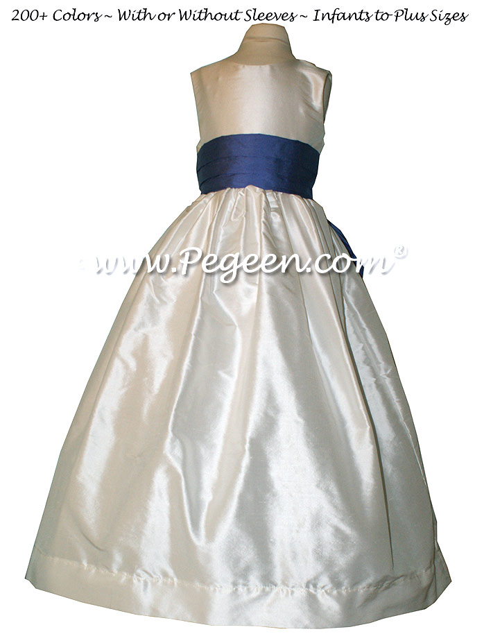 Antique White and Blueberry silk flower girl dresses