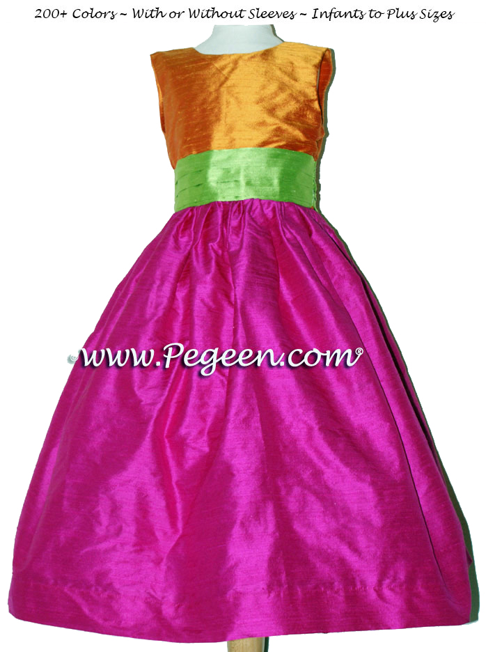 Boing (fuschia), tangerine and apple green SILK FLOWER GIRL DRESSES