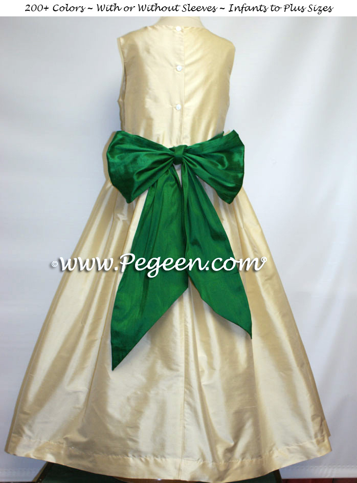 BUTTERCREME AND EMERALD SILK CUSTOM FLOWER GIRL DRESSES