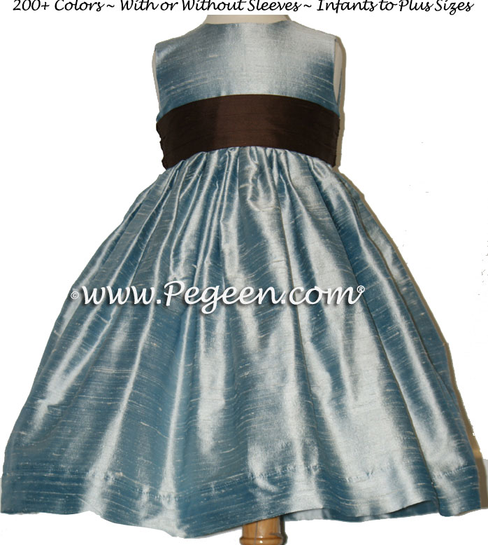 Jim Hjelm Matching Flower Girl Dress by Pegeen in Caribbean Blue and Chocolate Brown silk