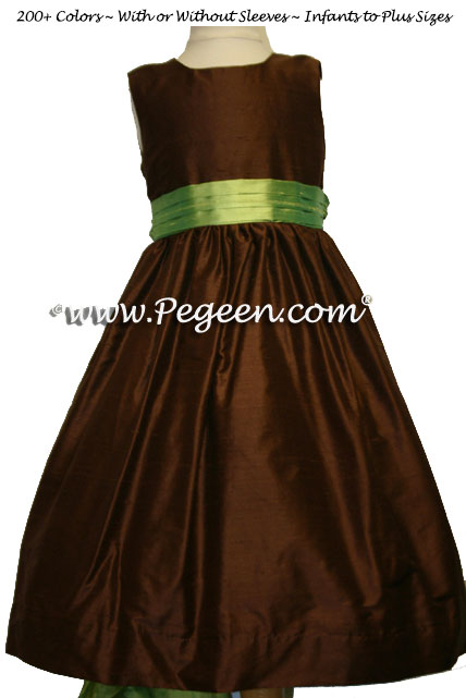 chocolate brown and lime green silk junior bridesmaids dress