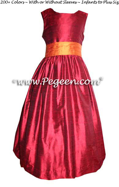 Custom Silk Flower Girl Dresses in Red, Pumpkin and Antique Gold | Pegeen