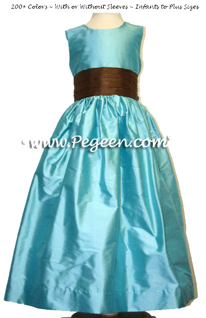 Custom silk tiffany blue and chocolate brown flower girl dress style 383