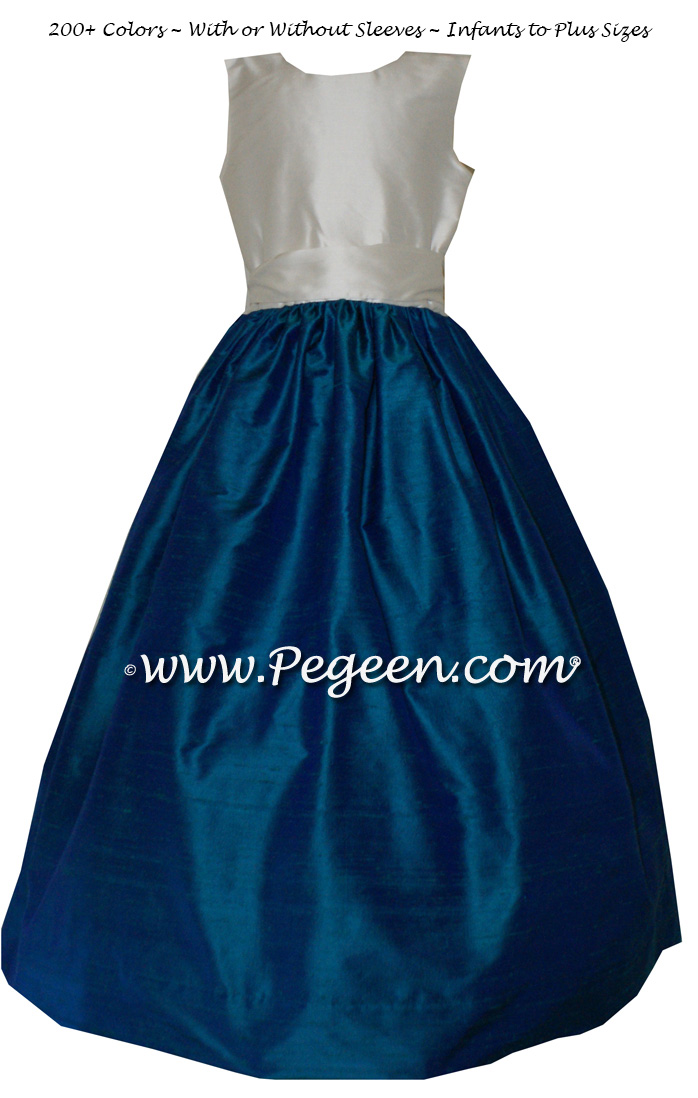 BISQUE AND DARK CYAN SILK JR BRIDESMAIDS DRESSES