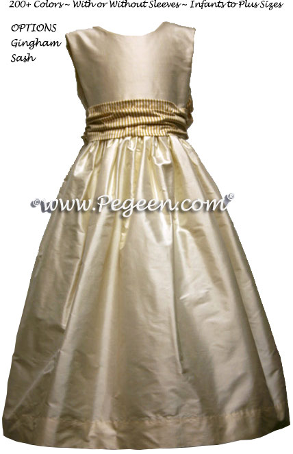 Gold gingham check silk flower girl dresses with rose