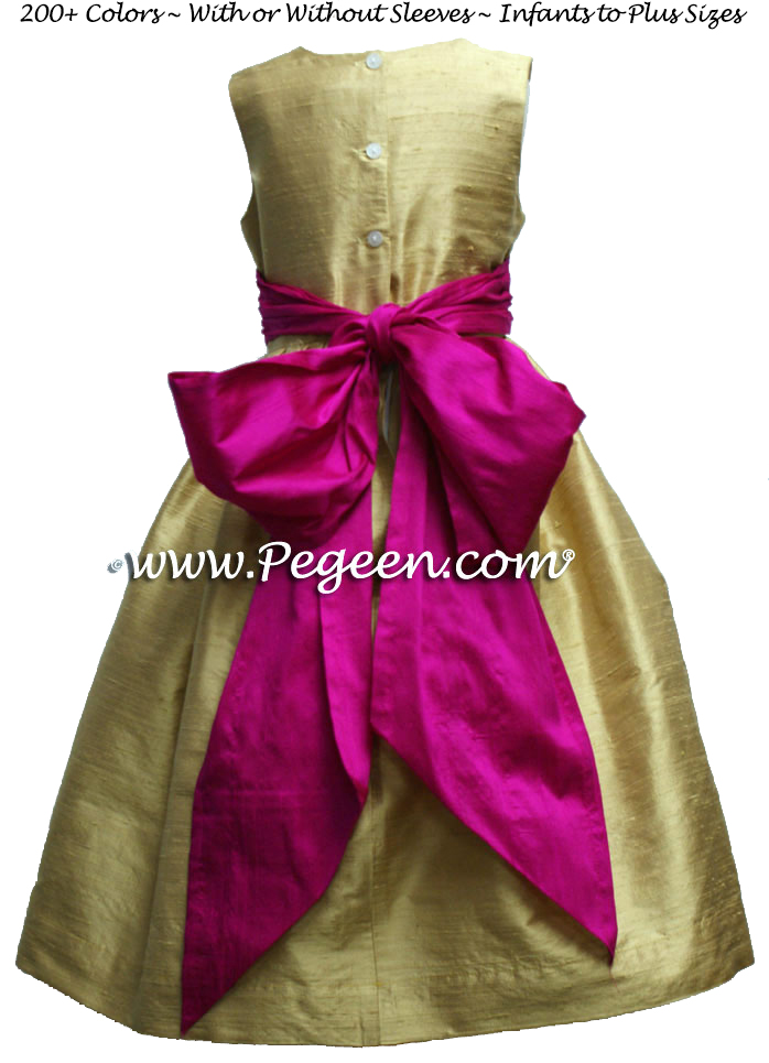 Spun Gold and Boing (fuschia)flower girl dress in silk 