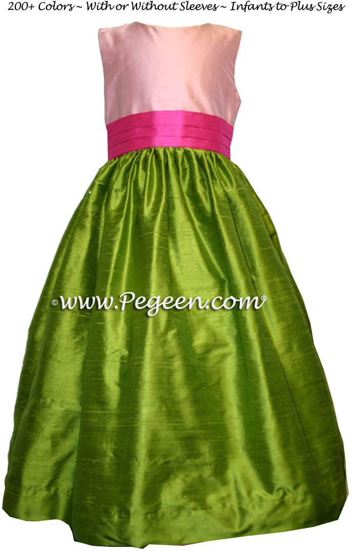 Bubblegum Pink, Grass Green and Hot Pink silk FLOWER GIRL DRESSES 
